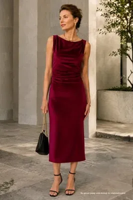 Rhen Store Drape Yaka Büzgü Detaylı Bordo Kadife Midi Elbise