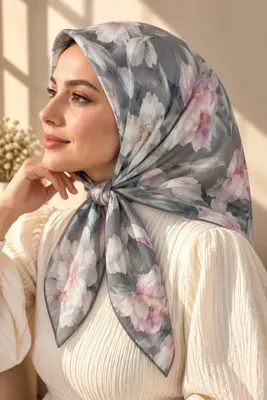 Genel Markalar Pamuk Soft Gri Pembe Çiçek Desenli Eşarp