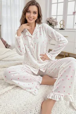 NEEWSTORE Kadın Düğmeli Uzun Kollu Küçük Kalp Desenli Uzun Pijama Takımı