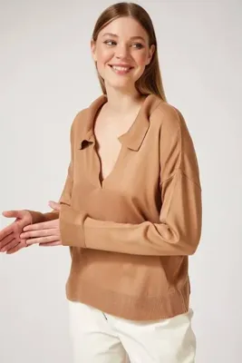 BEŞİR GİYİM Kadın Camel Polo Yaka Basıc Kazak