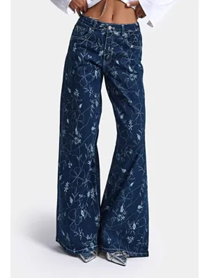 it's basic Kadın Mavi 1w6-5 Palazzo Fit Özel Çiçek Baskılı Kumaş Tasarım Denim Jean