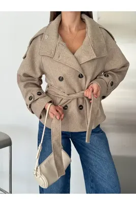 Ekim Store Kaşe Düğmeli Dik Yaka Kuşaklı Ceket