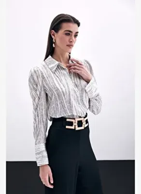 Sateen Geniş Manşetli Gömlek - Ekru-Siyah