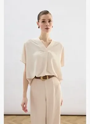 Sateen Geniş Kısa Kollu Bluz - Bej