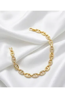 ICLIMIA Altın Kaplama Taşlı Paperclip Bileklik Paslanmaz Çelik - H Model Oval Zincir Luxury