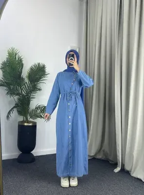 Esre Store 4043 - Kot Kumaş Kemerli Tesettür Elbise Mavi̇