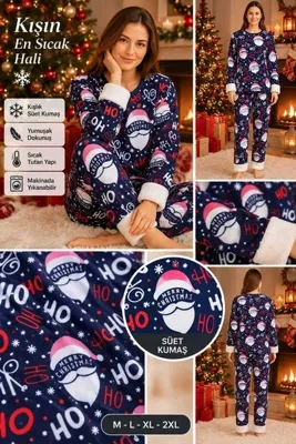 MiŞa adella Kadın Peluş Detaylı Süet Pijama Takımı Yumuşak Dokulu Kışlık Pijama Takımı