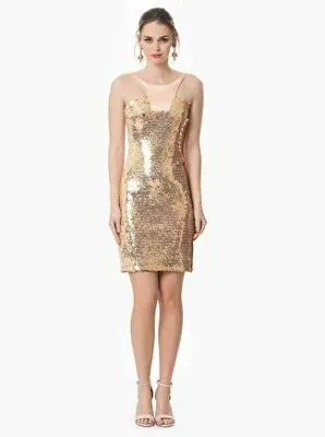 Roman Payetli Yaka Detaylı Mini Gold Abiye Elbise Gold Y1611067_076