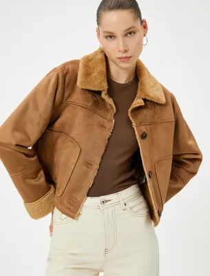 Koton Suni Deri Süet Ceket Kürk Yaka Düğmeli Cepli Slim Fit