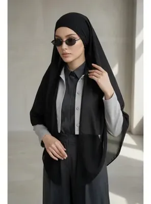 Aisha`s Design Bağlanabilir Kaymaz Penye İçli, Şifon Şal,PS-61 Siyah-Siyah