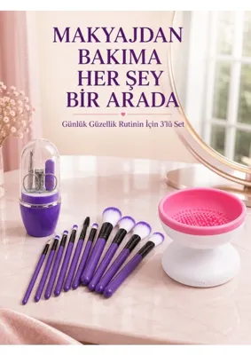 Uravas Store Uraselect 3’lü Güzellik ve Bakım Seti 12’li Mor Makyaj Fırçası Fırça Temizleme Cihazı ve Manikür Pedikür Tırnak Bakım Seti