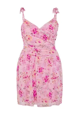 Trendyol Curve Pembe Kruvaze Yaka Çiçek Desenli Tül Skater Mini Örme Büyük Beden Elbise TBBSS25AH00193