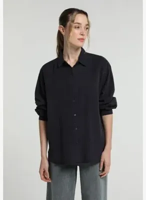 Colins Boyfriend Fit Shirt Neck Düz Kadın Lacivert Uzun Kol Gömlek