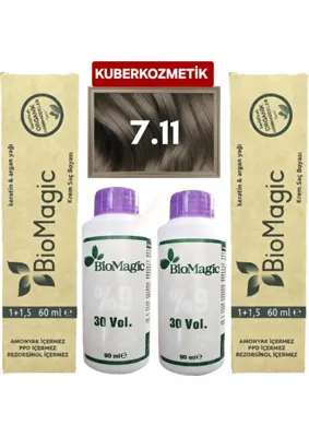 Biomagic 7.11 Yoğun Küllü Kumral Organik İçerikli Amonyaksız Kalıcı Saç Boyası 2 Boya +2Oksidan