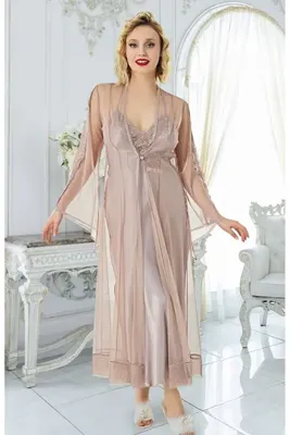 For Dreams Saten Uzun Gecelik ve Tül Sabahlık Dantel Detaylı 2 Parça 4942