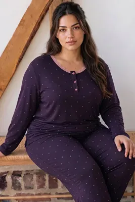 Siyah İnci Mor Desenli Büyük Beden Battal Boy Düğmeli Viskon Örme Pijama Takım
