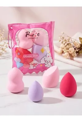 Roesıa Rose Cosmetics 4'lü Makyaj Süngeri Seti - Pembe ve Renkli Yassı ve Kesik Tabanlı Fondöten ve Kapatıcı Dağıtma Sünger Seti (Özel Ambalajlı)