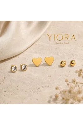 yiora 3 Çift Paslanmaz Çelik Küpe Seti – Taşlı, Kalp ve Top Model Gold Renk