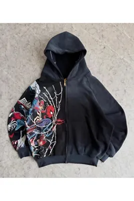 DEEFWEAR Spıder-Man Baskılı Fermuarlı Kapüşonlu Yüksek Yaka Streetwear Sweatshirt