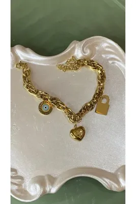 SELUVİA Çelik Gold Sarmal Zincir Kadın Bileklik – Kalp, Anahtar ve Nazar Boncuk Charm Detaylı Şans Bilekliği