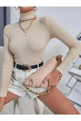 Cosy&Chic Bej Pamuklu Balıkçı Yaka Kaşkorse Şardonlu Slimfit Boğazlı Kazak