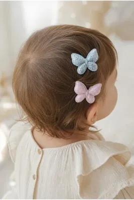 Cinderella Accessories 2'li Simli Kelebekli Saçsız Bebek Tokası - Az Saçlı Kız Bebek Toka Seti Çıtçıtlı Yenidoğan Tokası