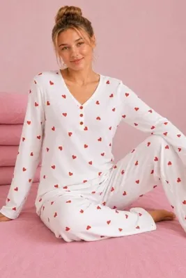 ELİTOL Waffle Örme Uzun Kollu V Yaka Kadın Pijama Takımı