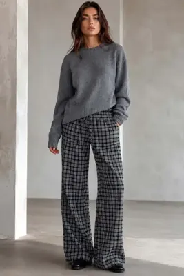 Madmext Gri Lastikli Bel Geniş Paça Ekose Pantolon MG2658