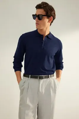TRENDYOL MAN Lacivert Erkek Regular Polo Yaka Düz Triko Kazak TMNAW24KZ00067