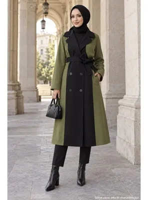 hafsamina İki Renkli Kuşaklı Trençkot Haki HM2983