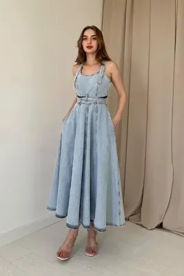 Elbee Fashion Woman Midi Boy Bantlı Kot Elbise