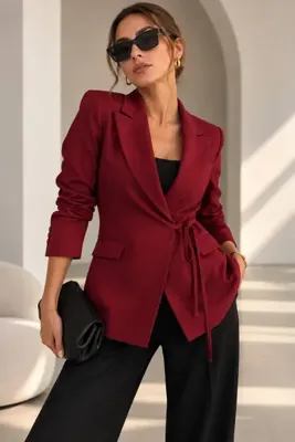 bb butik basic Kadın Bağlamalı Blazer Ceket – Şık ve Modern Kesim - Bordo QN3434