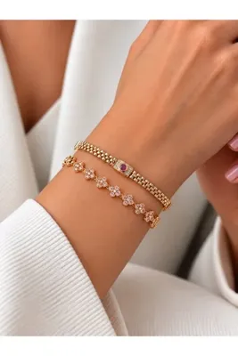 GHdesign Xuping Kadın Gold Renk Pembe Taşlı Yonca ve Zincir Model İkili Bileklik Seti