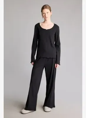 Defacto %100 Pamuk Dalgalı Bitişli Regular Fit Uzun Kollu 2li Pijama Takımı I7257AX26AU