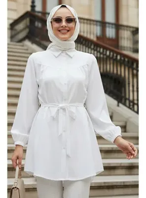 Neva Style Düğmeli Beyaz Tesettür Tunik 10184B