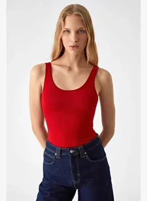 Grimelange CHILES Kadın Slim Halter Yaka Kolsuz Çıtçıtlı Kırmızı İnce