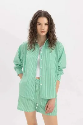 DeFacto Oversize Geniş Kalıp Çizgili Poplin Uzun Kollu Gömlek C8751AX24SM