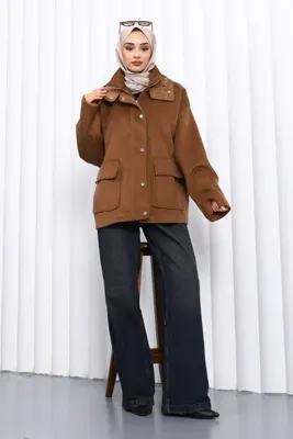 İmaj Butik Camel Fermuarlı Astarlı Oversize Kaşe Kaban