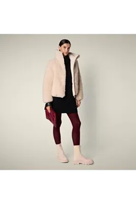 Save The Duck Kennie Kadın Şişme Mont, Suni Kürk Dolgulu, Dik Yaka, Kalın, Crop Size Fit, Bej
