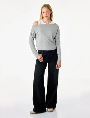 Koton Slim Fit Viskon Karışımlı Asimetrik Yaka Uzun Kollu Katmanlı Tişört