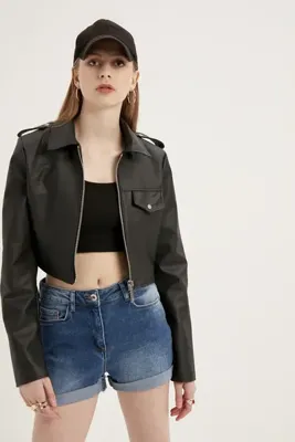 MEECY Kadın Siyah Crop Deri Ceket