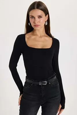 Tudors Kadın Slim Fit Dar Kesim Pamuklu Kare Yaka Ultra Soft Siyah Modal Bluz