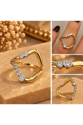 Genel Markalar Asimetrik Kesim Zirkon Taşlı Yüzük Paslanmaz Çelik Gold