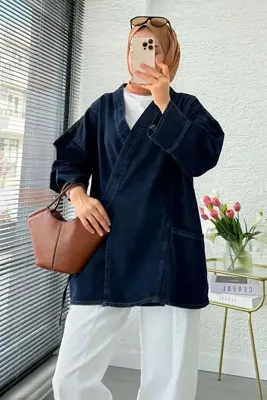 MELEK ARAZ Anvelop Bağlamalı Oversize Denim Ceket - Koyu Mavi