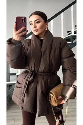 Oslove Kahve Kruvaze Kuşaklı Şişme Mont