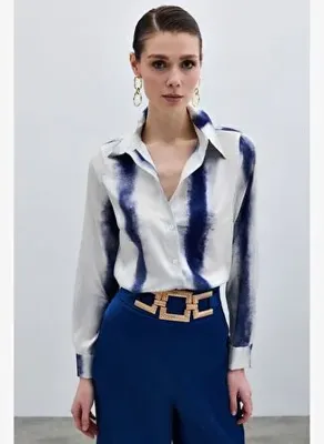Sateen Desenli Klasik Gömlek - Sax Mavi