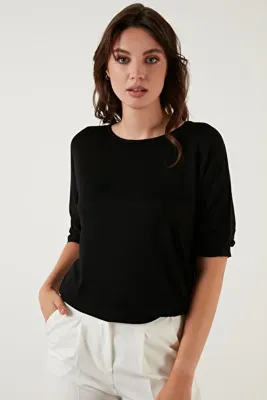 Lela Kadın Siyah Truvakar Kol Bisiklet Yaka Basic Bluz 5863589