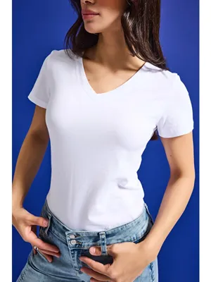 It's Basic Kadın Beyaz s6-2 V Yaka %100 Organik Pamuk Esnek Kumaş T-Shirt