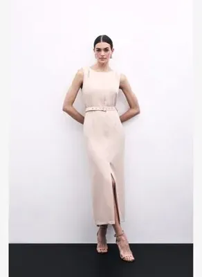 Sateen Kemerli Kalem Elbise - Bej