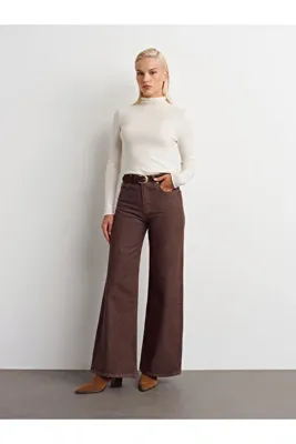 Dilvin 72033 %100 Pamuk Geniş Kalıp Renkli Denim Pantolon-Kahve
